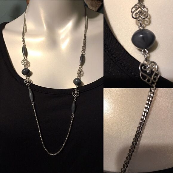 Silver Tone Grey Stone Necklace! - Picture 1 of 11